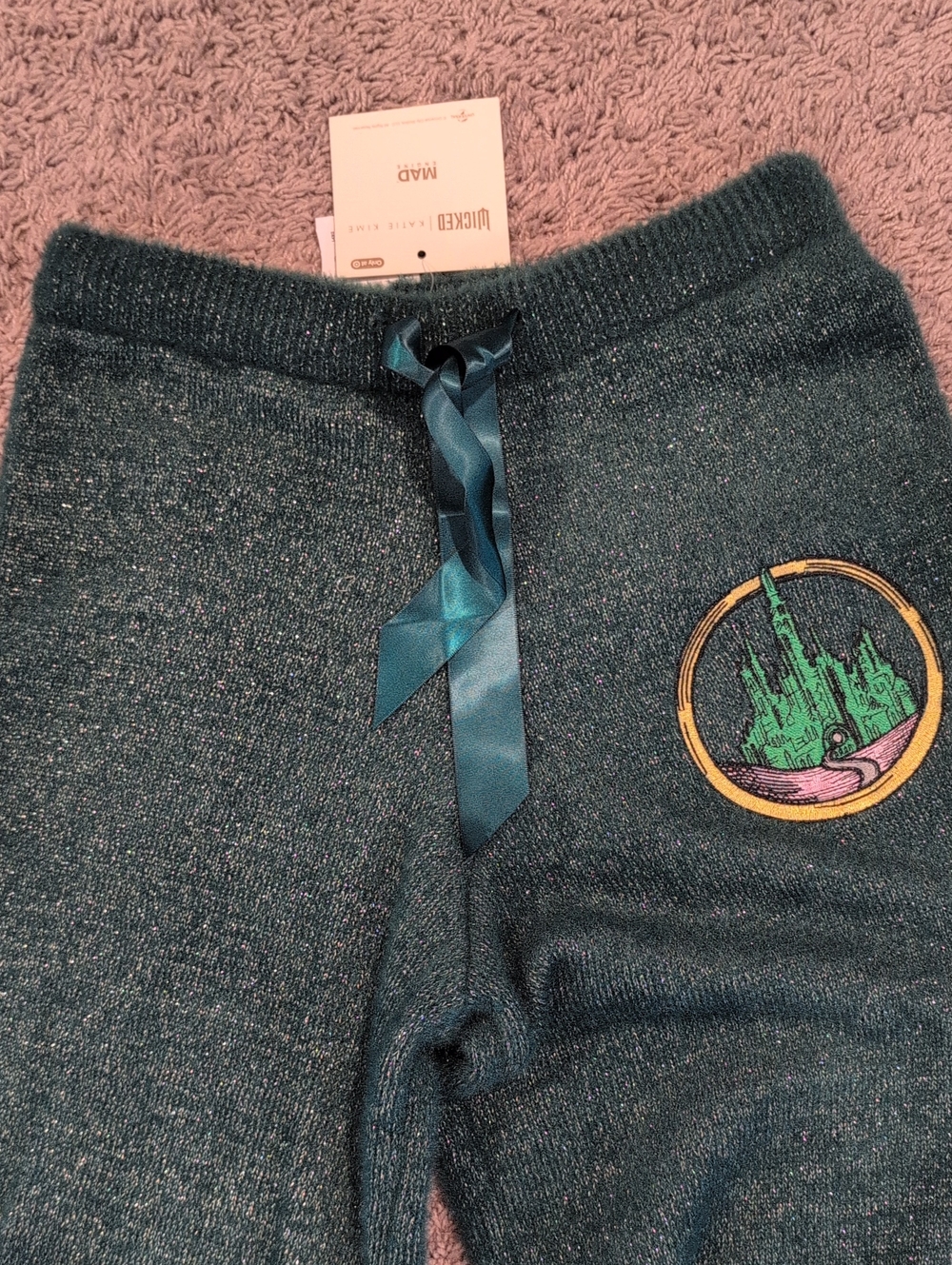 Sparkle Teal Wide-Leg Knit Pants with Satin Drawcord
